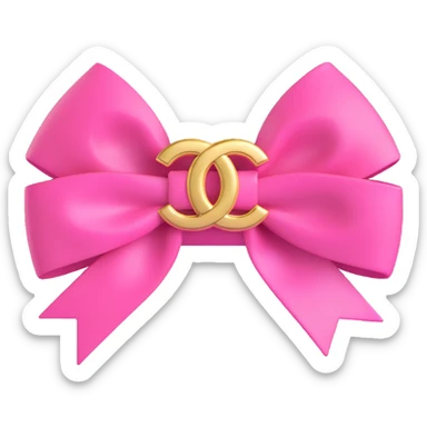 Add a gold Chanel logo to the pink bow, keep it luxurious, glossy, 3D emoji style. sticker