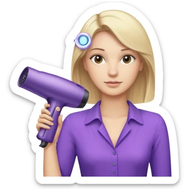 blonde woman in beige blouse holding a purple Dyson hair dryer, iOS emoji style sticker