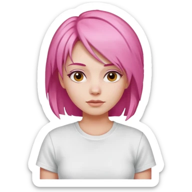 a woman with layered pink hair, wearing white t-shirt sticker
