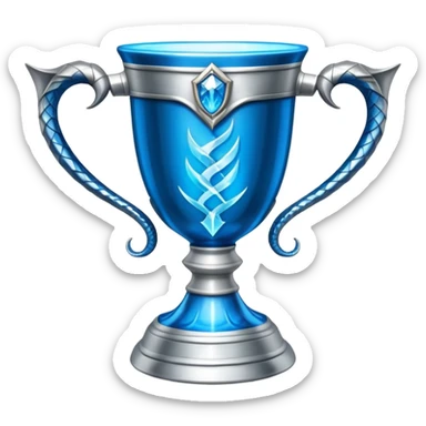 exact movie-accurate Triwizard Cup from Harry Potter, wide chalice with angular facets, two distinct silver snake handles curving upward, bright blue glow inside sticker