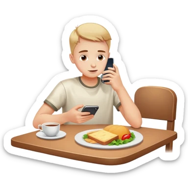 Polish boy leaning over lunch table standing up on his phone sticker