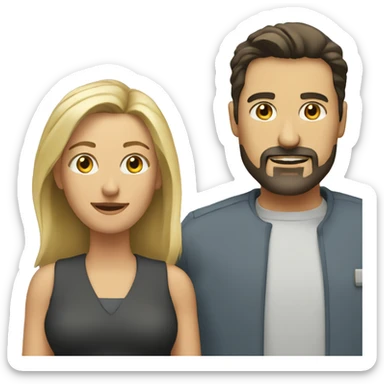 middle aged company with man with dark hair and goatee and woman with shoulder length blonde hair sticker