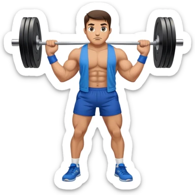 brunette buff man with blue shorts barbell-shrugs sticker