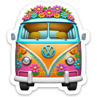3D, psychedelic colored VW Van hippie style with flower border sticker