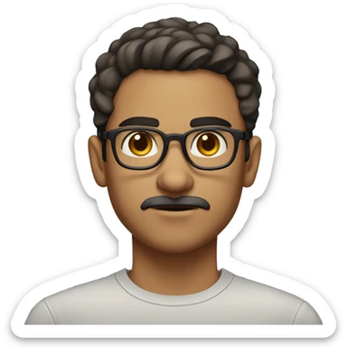 A young man with light skin, short dark hair that looks slightly damp, and a trimmed mustache with stubble. He has round, black-rimmed glasses framing his focused eyes. His dark eyebrows are defined, giving him a serious and concentrated expression. sticker