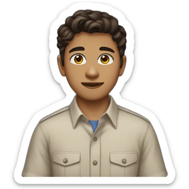 teenage boy with dark brown hair, brown eyes, wearing a short sleeve button down shirt with a trans flag pin sticker