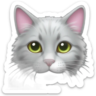 fluffy dark grey cat, small ears, pink nosel, light green eyes, white long whiskers, white spots near the nose, white breast, the cat's fur is soft. sticker