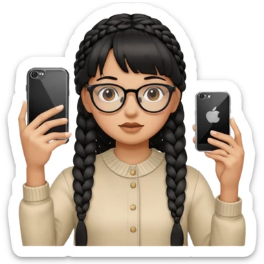 Wearing black braided hair, full bangs, and eyeglasses, taking a mirror selfie with an iPhone sticker