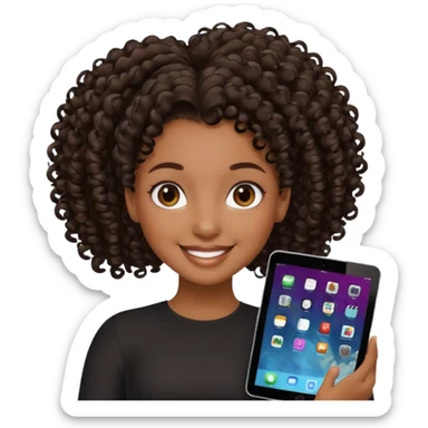 Dark brown Black girl with curly ponytail holding ipad sticker
