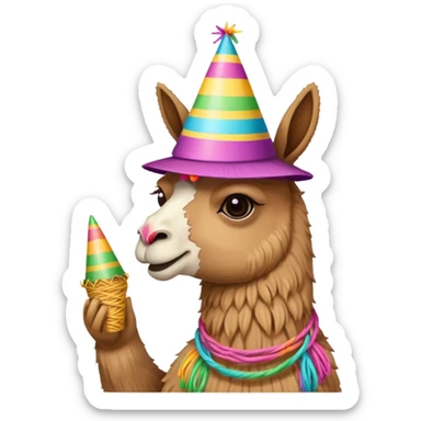 Lama eating yarn while wearing a party hat sticker