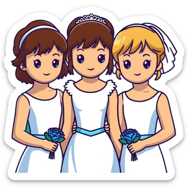 bachelorette party group of 4 girls, one with brown hair, blue eyes, fringe; two with brown hair; one bride with green eyes, blonde shoulder-length hair sticker