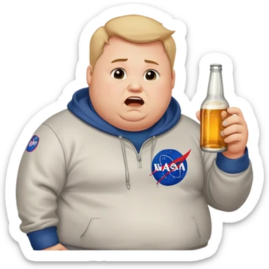  chubby weepy salesperson, beer bottle, complaining, not much hair, nasa sweatshirt sticker