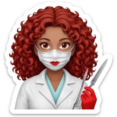 Scary woman scalpel in hand, evil surgeon sexy surgeon clothes.  She has red eyes. Her  brown long curly hair. Wears sexy doctor outfit with red gloves. make her hair free and brown but have mouthy  wear  mask  to hide. Wears white surgeon jacket and  has lon* brown hair. sticker