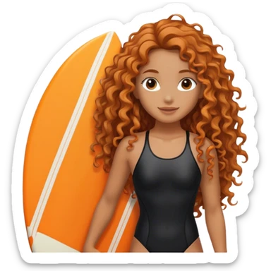 Surfer girl with black swimsuit and orange surfboard and long curly hair sticker