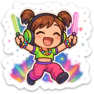 chibi-style rave dancer with glowsticks, neon clothing, huge smile, jumping to the beat, vibrant party atmosphere sticker