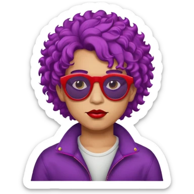 purple haired, curly big haired mexican boy with red sunglassess, vrey cool and lipstick sticker