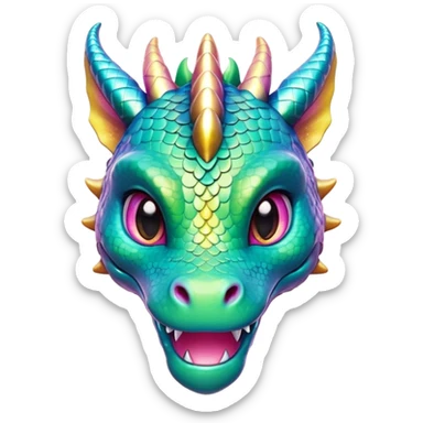 Cinematic Cute Dragon Portrait Emoji, Head tilted playfully and inquisitively, with a sleek, serpentine body adorned in iridescent scales and a charming, expressive face featuring subtle, delicate horns, round, sparkling eyes brimming with curious magic, Simplified yet irresistibly adorable features, highly detailed, glowing with a warm, enchanting glow, high shine, affectionate and mystical, stylized with a touch of whimsical fantasy, soft glowing outline, capturing the essence of a mischievous yet loving dragon that feels like it could slither out of the screen into your arms! sticker
