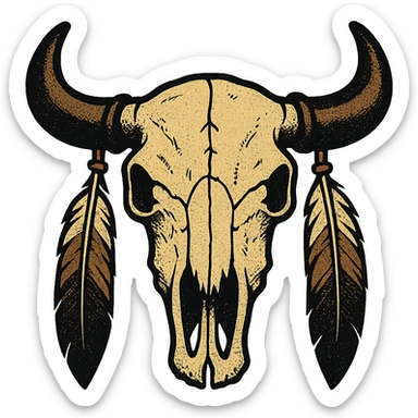 A native American buffalo skull with feathers hanging from both horns. Make the skull symmetrical facing the front sticker