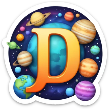 letter J with colorful planets orbiting around it sticker