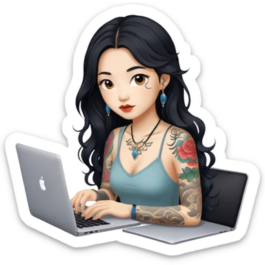 beautiful girl, with tattoos, with long black hair, wavy hair, chinese, with laptop sticker
