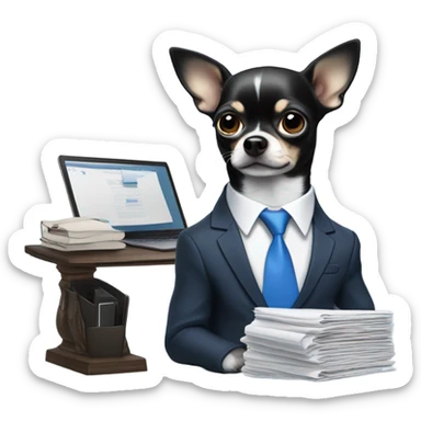 Black and white chihuahua that is running a large company and wears a blue suit with a blue tie sticker