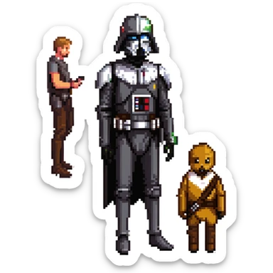 Neger meeting Ryan Gosling in a Star Wars costume with simple background in pixel art style sticker