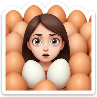 The girl looks with big eyes with fear at the huge eggs sticker