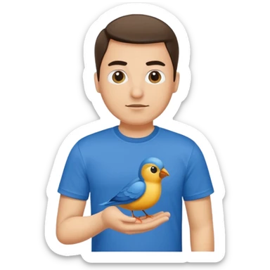 blue tshirt man with bird sticker