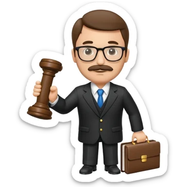 “Create a clean, modern emoji-style illustration of a male lawyer. He is wearing a formal suit jacket. He is holding a judge’s gavel (QUE SE VE DE COSTADO) in one hand and has a law book tucked under his arm. He has a mustache and a short beard, and GLASSES sticker