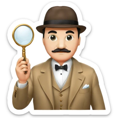 A cinematic-style frame showing Hercule Poirot in his iconic suit with a magnifying glass in a dramatic detective pose. Background should be mysterious city background and subtle clues like fingerprints or a crime scene. Transparent background. sticker