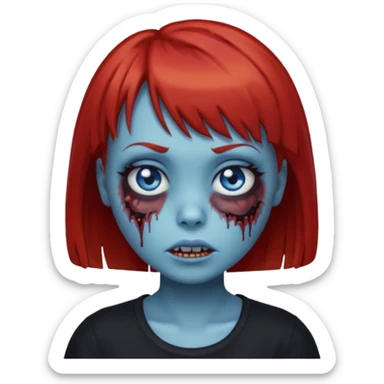 Zombie girl emoji with short red hair and bangs. Blue eyes, fair skin, and a black top. sticker
