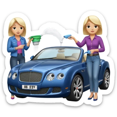 A fatter old blond lady in blue jeans washing a black Bentley car. show the full car and the lady next to it. show the face smaller and the person standing beside it sticker