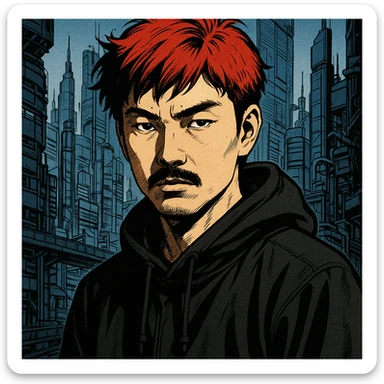 Asian man with black mustache, red hair, black hoodie, Ghost in the Shell manga style, futuristic city background, sharp shadows, high detail sticker
