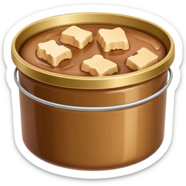 open metal can filled with soft moist chunks or smooth pâté in natural brown tones, slightly glossy gelatinous surface, clean edge, no label, no pet, spoon, or bowl, just the open can and contents, apple emoji style, soft lighting, subtle shadows, transparent background, emoji scale sticker