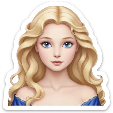 Cinematic Realistic Sleeping Beauty (Aurora) Portrait, with porcelain-like skin featuring a natural rosy flush, illuminated by soft lighting that highlights the gentle contours of her face. Her golden blonde hair flows in soft, detailed waves with subtle highlights that shimmer in the light. Her deep violet-blue eyes radiate warmth and innocence, framed by arched brows and long lashes. With a soft, serene smile, she holds a delicate rose gently in one hand, her other hand resting lightly by her side. She is dressed in her classic pink gown, the fabric rich in texture with delicate folds that catch the light. A golden crown rests atop her head, gleaming with royal refinement. The portrait captures a soft, glowing aura, blending realism with an ethereal sense of beauty and timeless enchantment. sticker