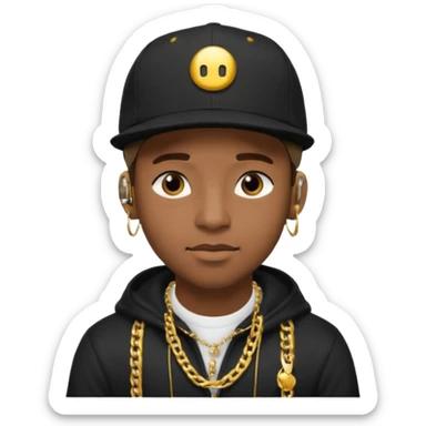 black guy with golden chains earbuds and a snapback cap sticker