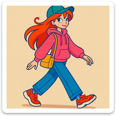 Bloom from Winx Club in casual clothes, walking, vibrant toon style, no spellcasting, fashionable streetwear, relaxed expression sticker