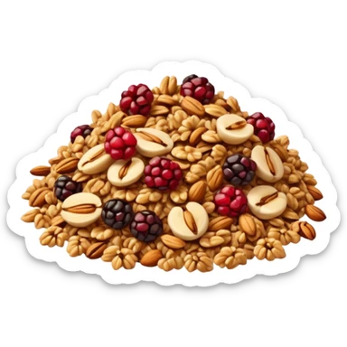granola small cluster with rolled oats, crisped clusters, nuts, seeds, dried fruit, golden brown to beige colors, red or dark brown hints, crunchy rustic texture, irregular shapes, no bowl, yogurt, spoon, or faces, clean 3D style, soft shadows, transparent background, emoji scale sticker