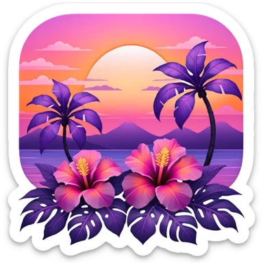 Iridescent tropical exotic beautiful pretty Purple pink and orange gradient hibiscuses sunset sunrise full scenery aesthetic deco sticker