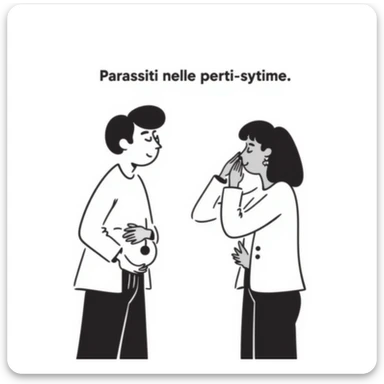 realistic and discreet medical illustration of a man and a woman with pained expressions, holding their intimate areas without explicit details, with the text 'Parassiti nelle parti intime' above in Italian, educational and respectful tone sticker