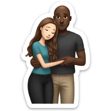 Beautiful Girl with long brown hair and boy with brown hair cuddling, Bald black man  sticker