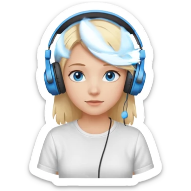 girl with blonde hair and blue eys, having on ears heaphones, with heands telling what, with white shirt sticker