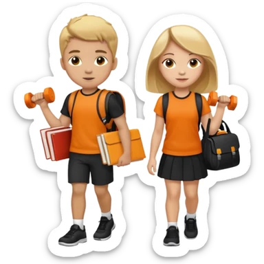 light skin students girl and boy with school bag full of books on hand and dumbell in other hand. Clothes are in black and orange colours. They are going to the gym. They have brown and blonde hair. Dumbell is visible in hand sticker