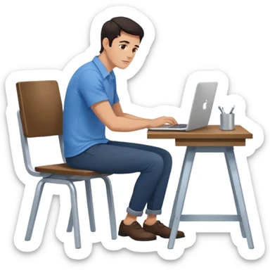 Rich man sitting on a chair, working at desk, looking to laptop in office, in shirt, dark hair, he is german very beautiful looks like, full body view sticker