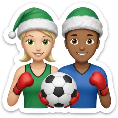 crie a imagem de 3 atletas, um homem no meio e duas mulheres, de modalidades esportivas diferentes, usando elementos esportivos, como por exemplo bola de futebol, luvas de luta e bola de vôlei... e usando um chápeu de papai noel das cores verde e azul. sticker