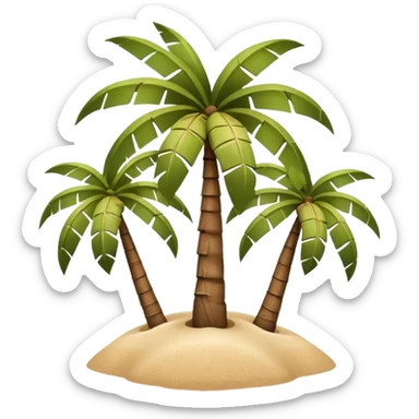 A 3D cartoon coconut palm tree with coconuts near the top and a sandy base, tropical light setting, Memoji-style realism. sticker