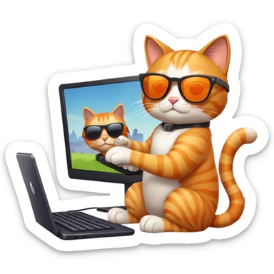 Cool cat wearing sunglasses playing Fortnite on a PC sticker