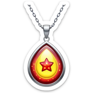 cosmic talisman: red-yellow glowing pendant, liquid silver chain, stardust particles sticker