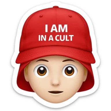 Red cap with no person wearing it that says "I AM IN A CULT" in white text sticker