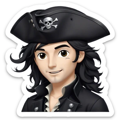 A charismatic pirate with wavy black hair tousled by the breeze. His silver-embroidered tricorn hat casts a shadow. Dark eyes glint with mischief as he looks to the side, a knowing smile on his lips. His black coat, adorned with silver buttons, shifts with the wind sticker